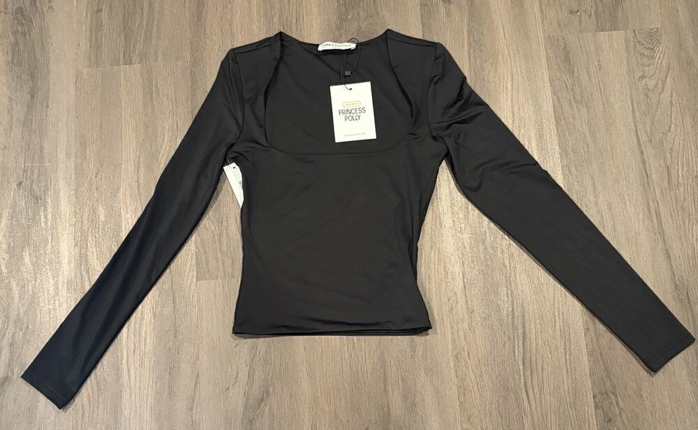 Princess Polly Black Square Neck Long Sleeve Stretch Slim Top Size 2